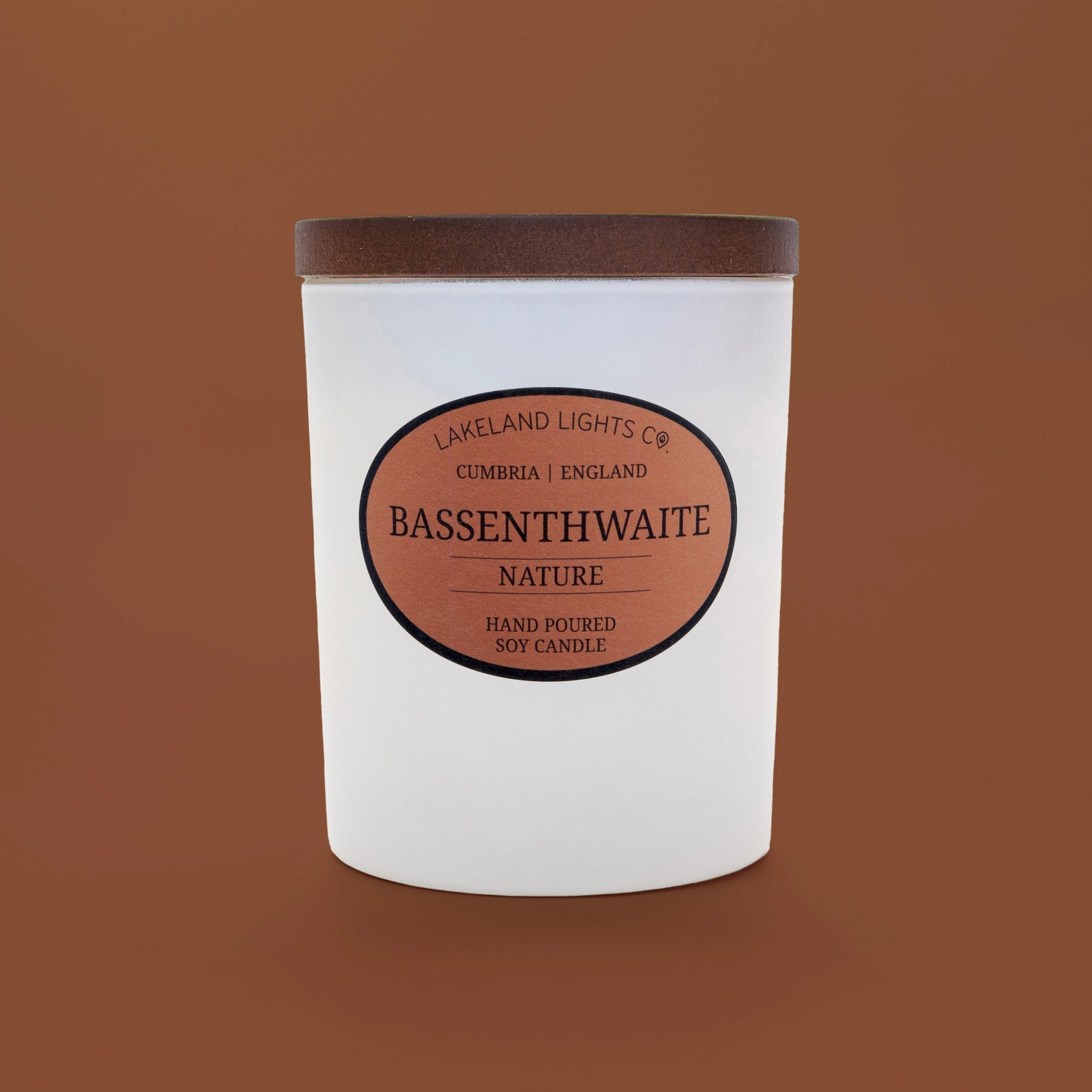 Bassenthwaite Nature soy candle by Lakeland Lights, showcasing the front label, featuring vetiver, black currant, and mulberry scent.
