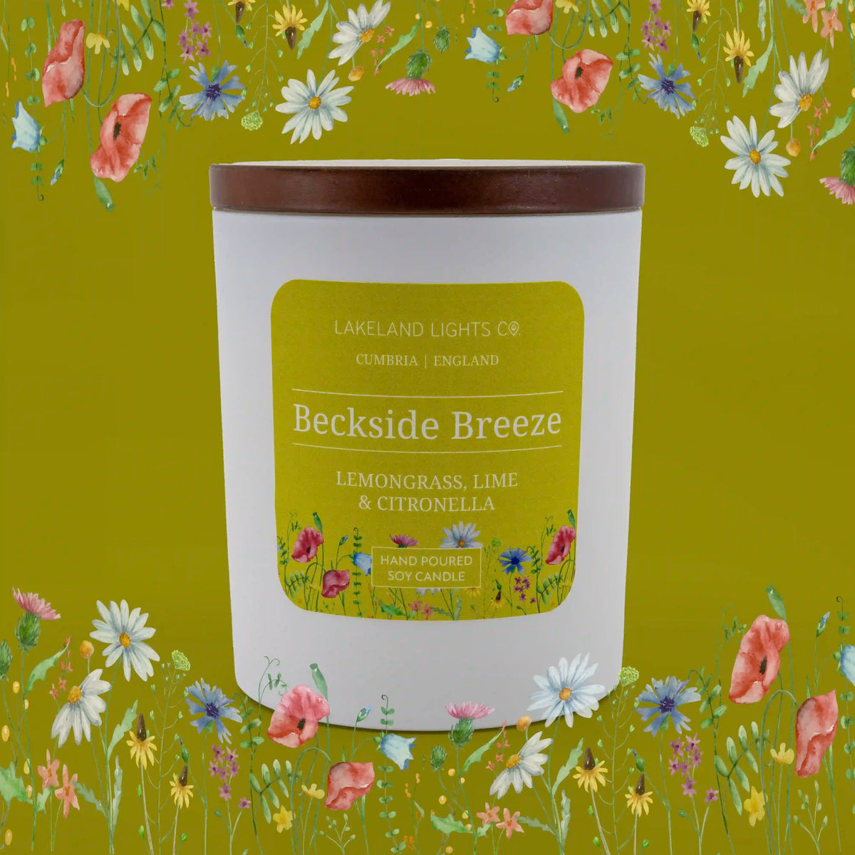 Beckside Breeze soy candle with lemongrass, lime, and citronella scent by Lakeland Lights