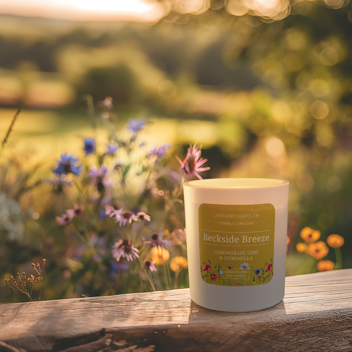 Beckside Breeze soy candle with lemongrass, lime, and citronella scent by Lakeland Lights being enjoyed outdoors in the sunshine