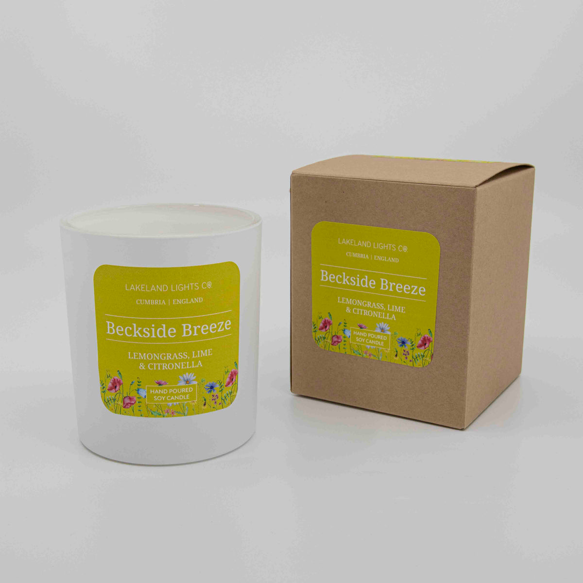 Beckside Breeze soy candle with lemongrass, lime, and citronella scent by Lakeland Lights
