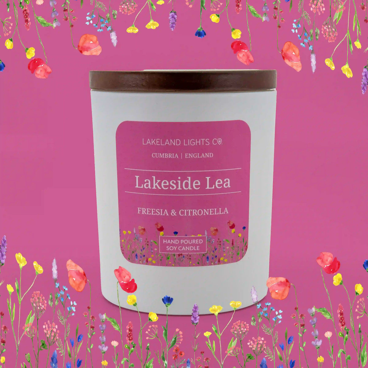 Lakeside Lea soy candle by Lakeland Lights, featuring freesia and citronella scent