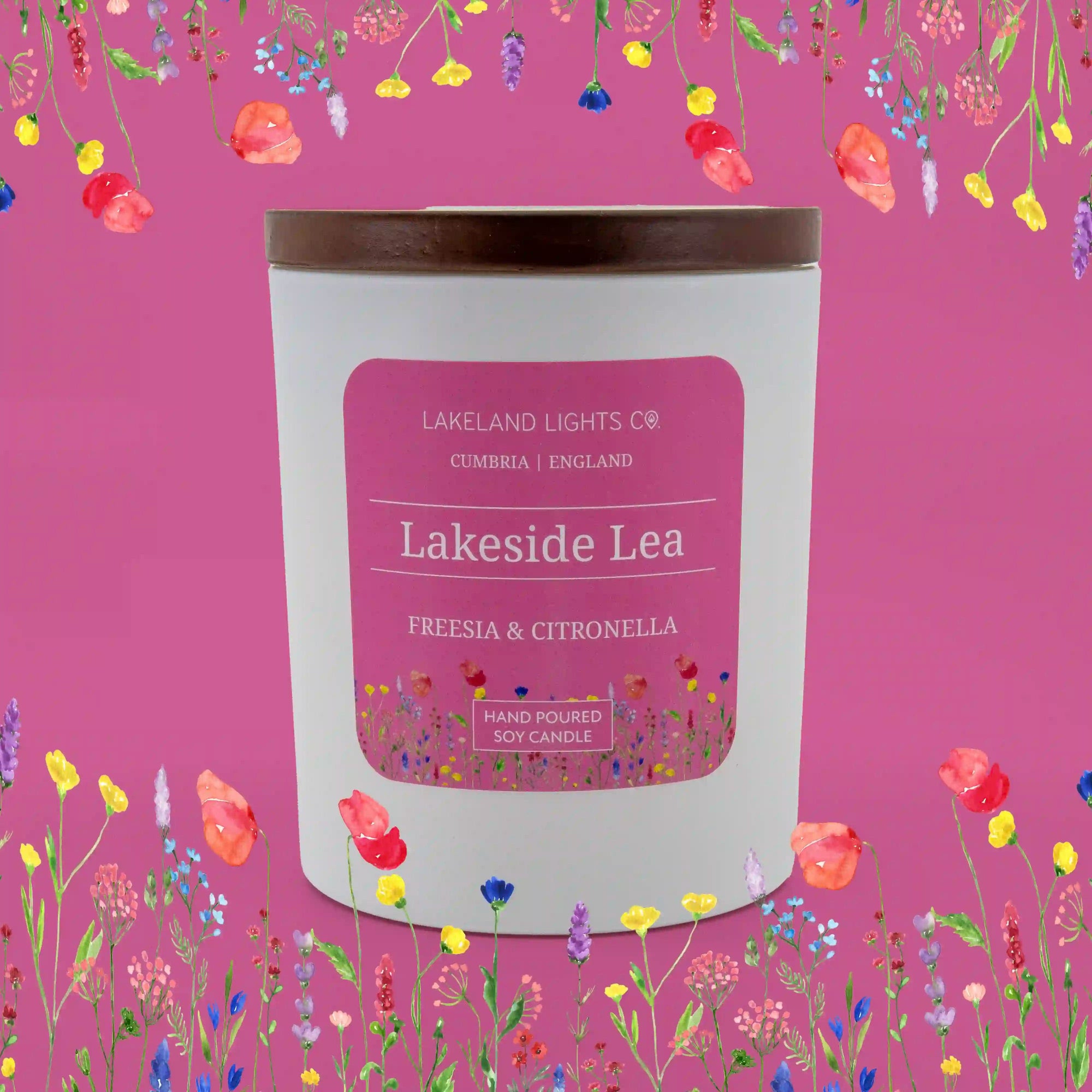 Lakeside Lea soy candle by Lakeland Lights, featuring freesia and citronella scent