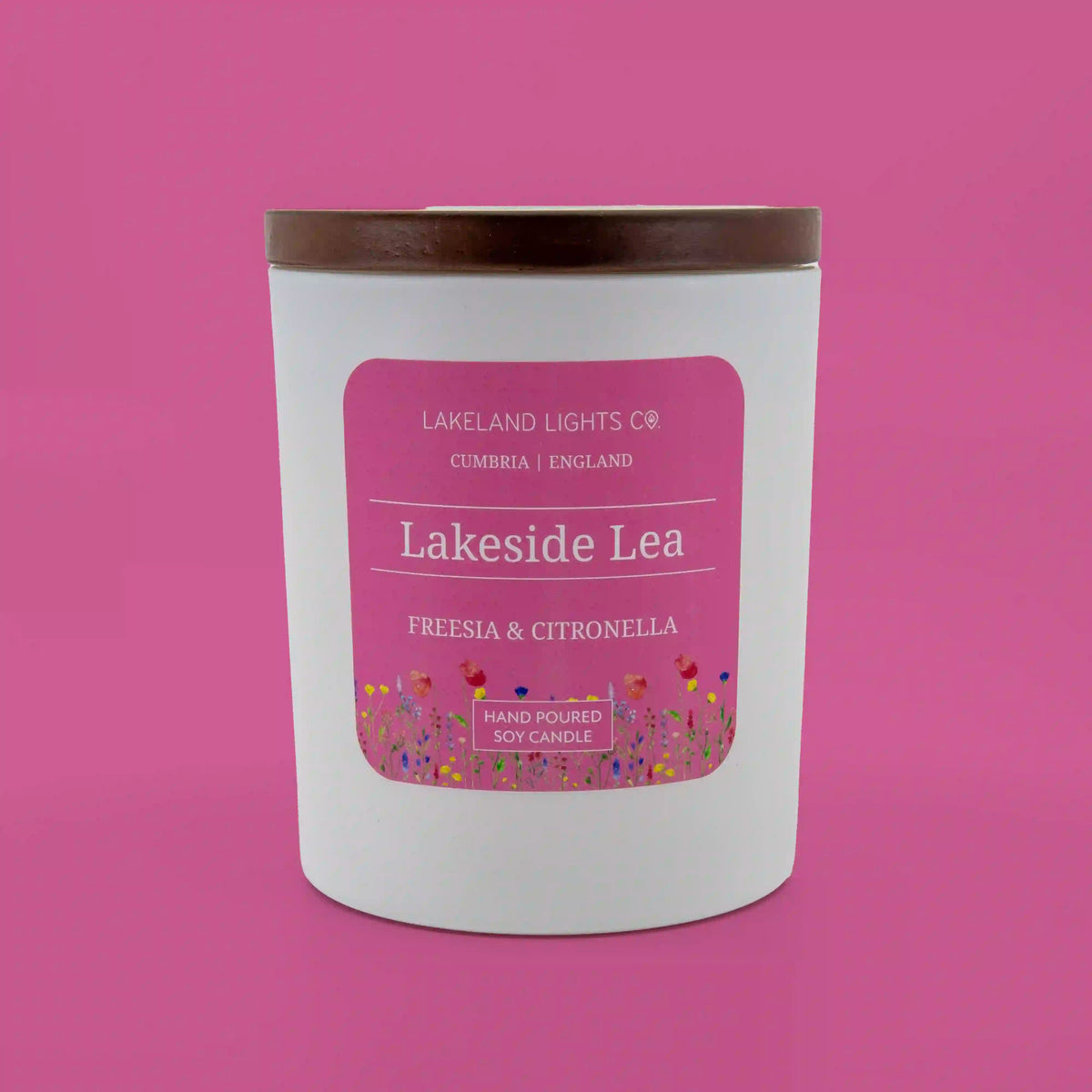 Lakeside Lea soy candle by Lakeland Lights, featuring freesia and citronella scent