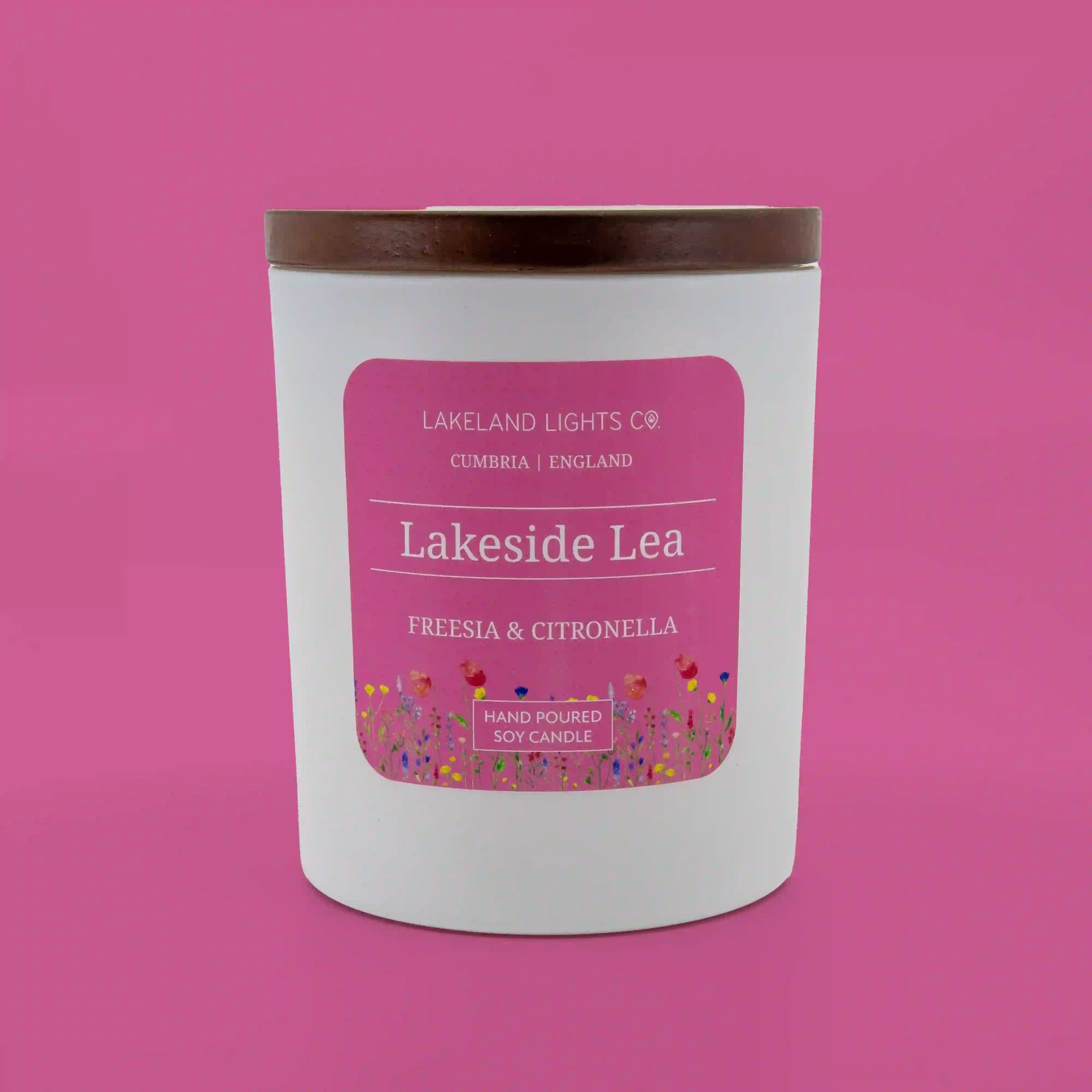Lakeside Lea soy candle by Lakeland Lights, featuring freesia and citronella scent