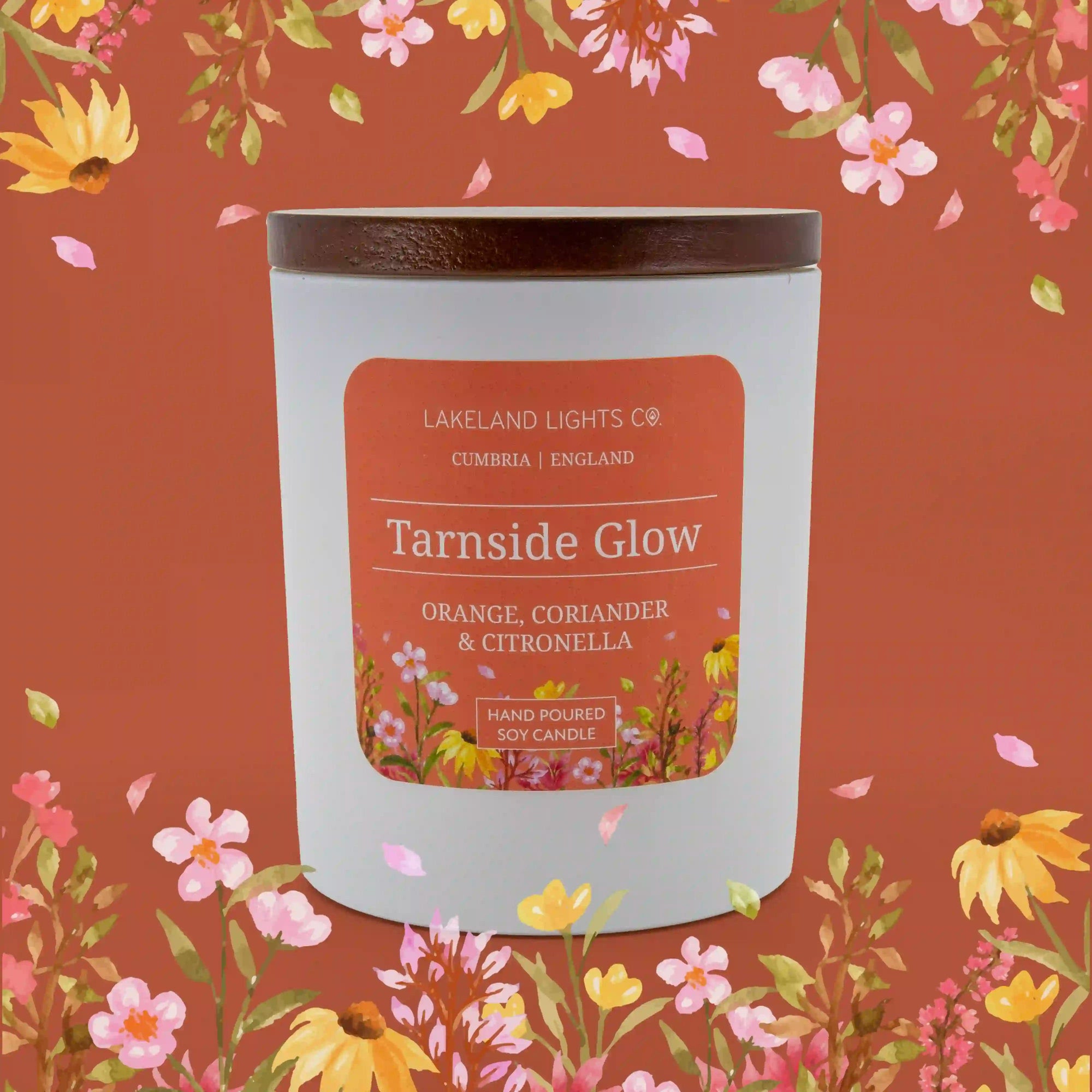 Tarnside Glow soy candle by Lakeland Lights, featuring orange, coriander, and citronella scent