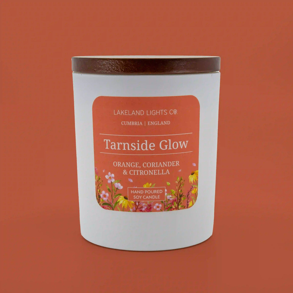 Tarnside Glow soy candle by Lakeland Lights, featuring orange, coriander, and citronella scent