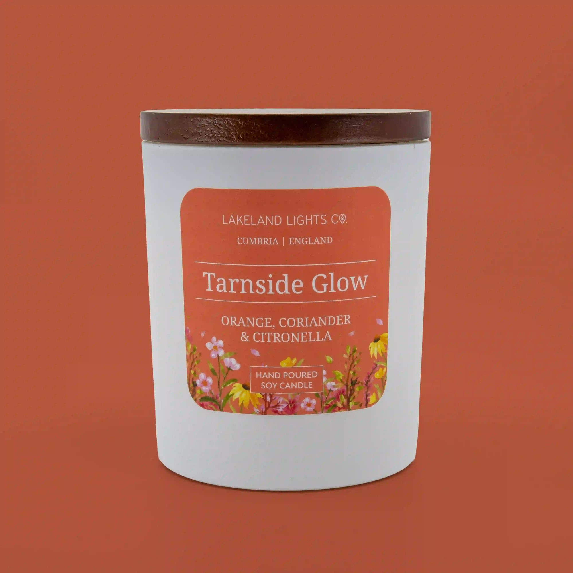 Tarnside Glow soy candle by Lakeland Lights, featuring orange, coriander, and citronella scent