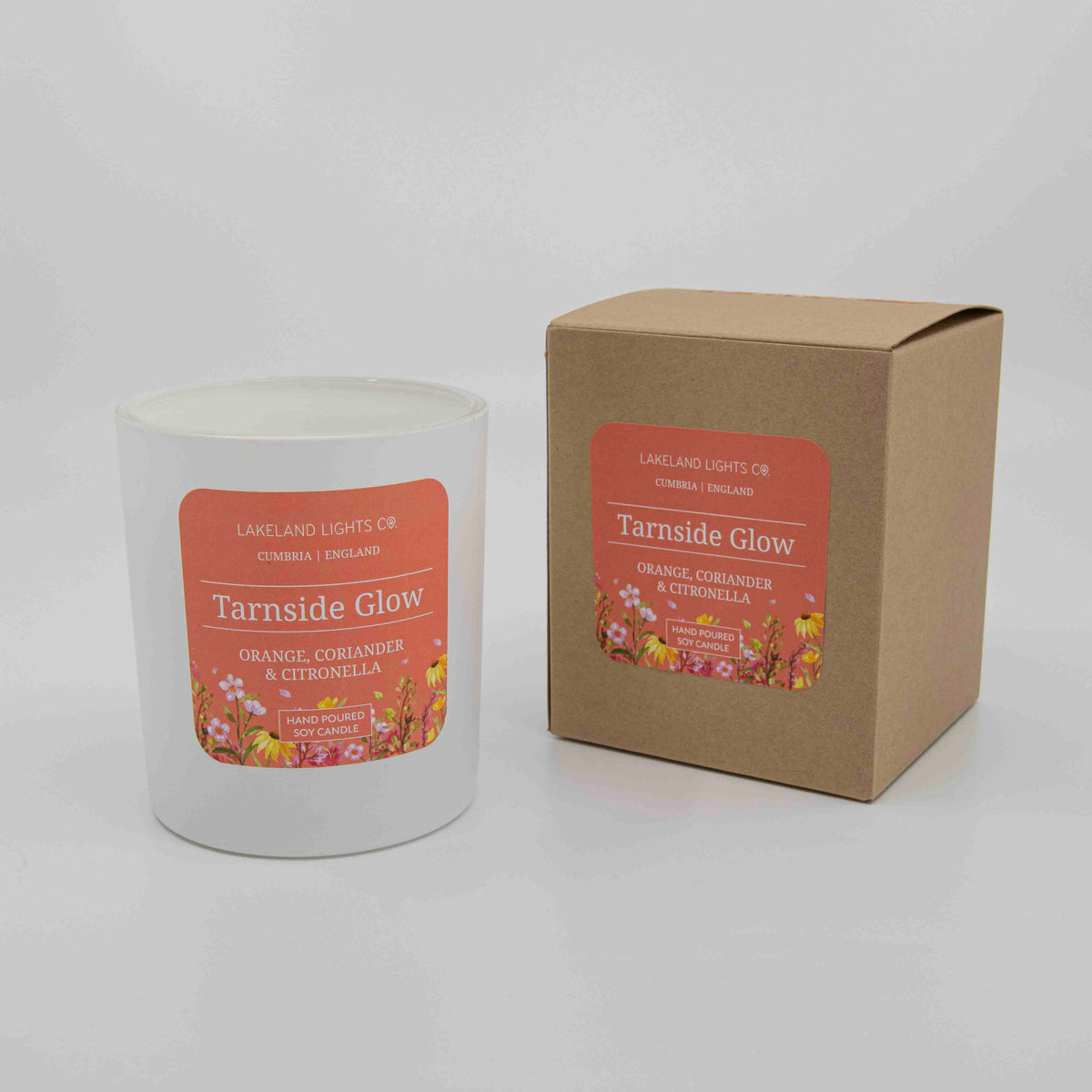 Tarnside Glow soy candle by Lakeland Lights, featuring orange, coriander, and citronella scent with kraft recyclable box
